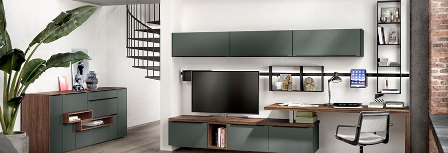 Living-Bereich mit Sideboard, TV-Lösung und Arbeitsplatz
